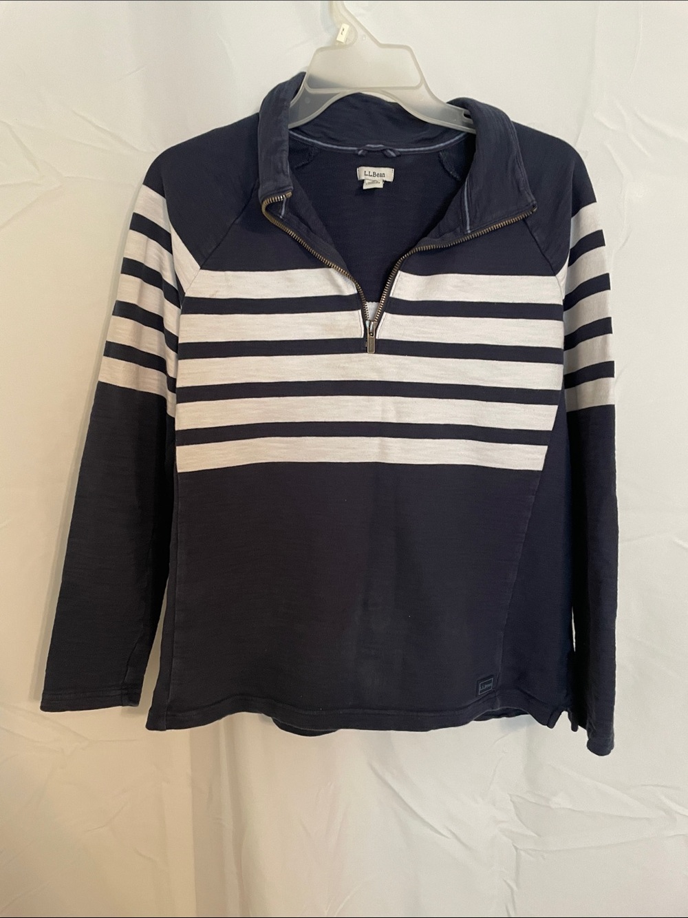 L.L. Bean Navy and White Striped Quarter-Zip Pullover